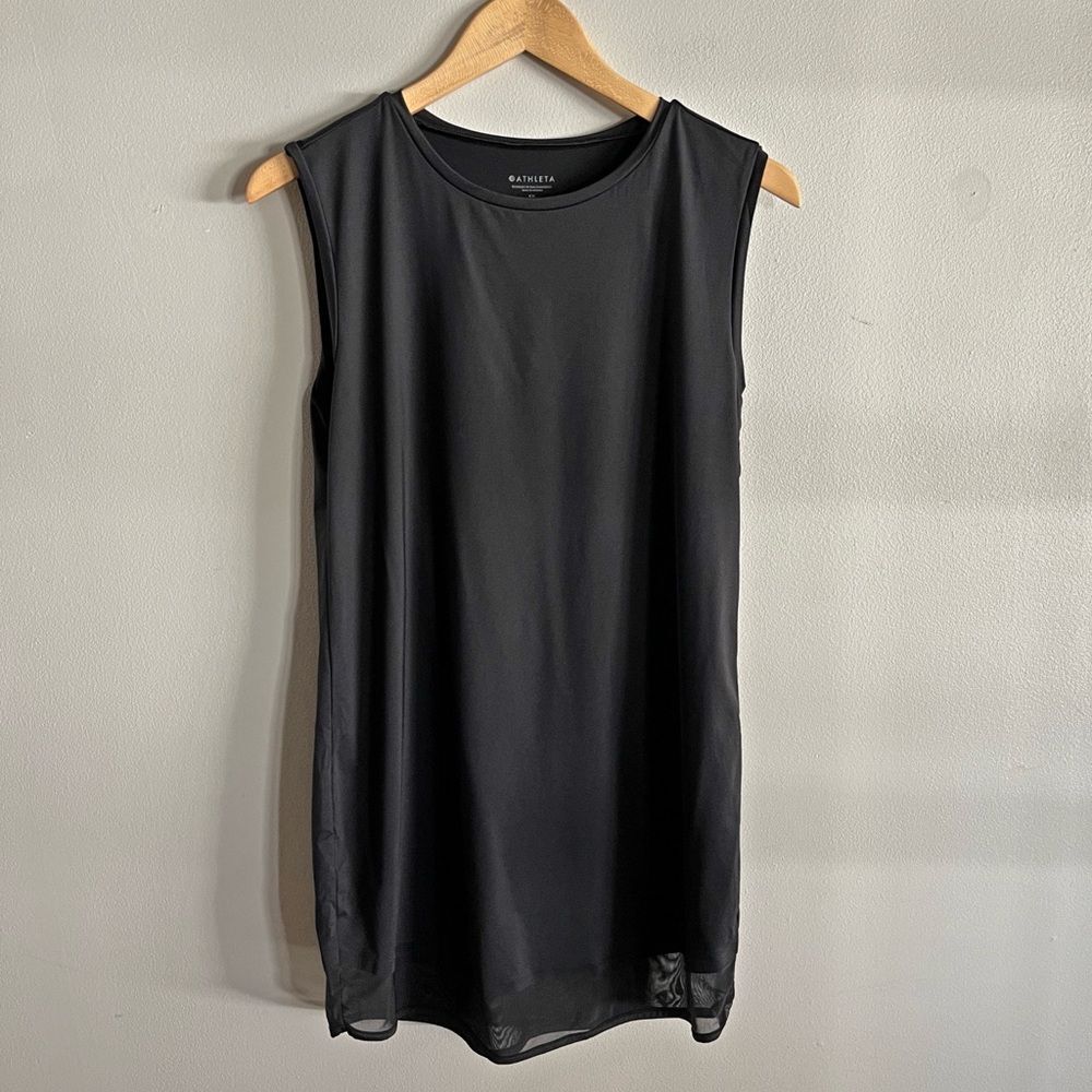Athleta Longline Tank Top Black Mesh Trim Tunic mini dress Activewear Size SP